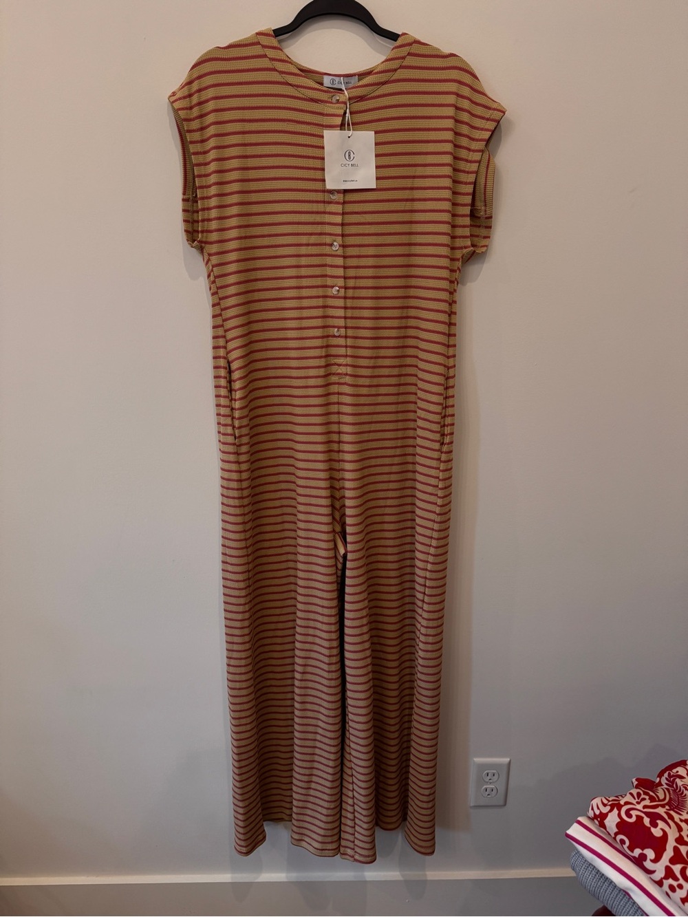 CStriped Button-Front Maxi Jumpsuit in Mustard & Rust